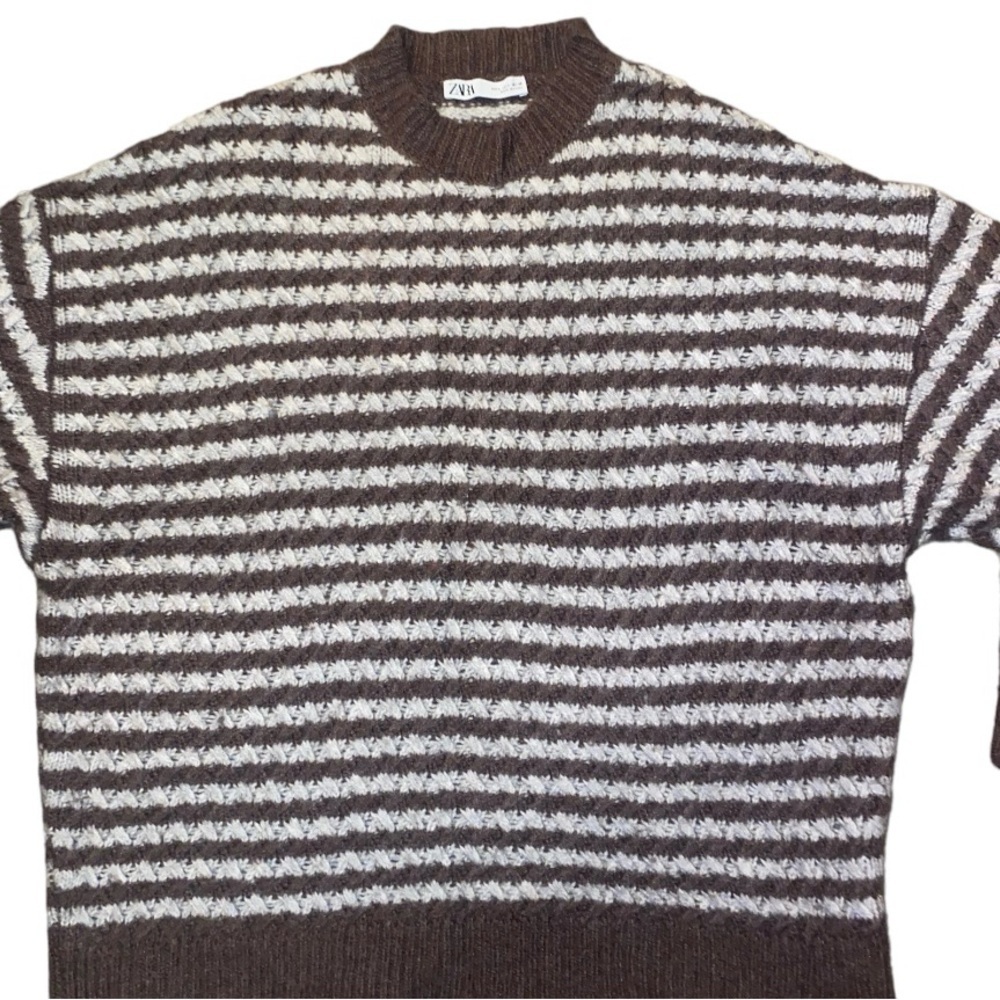 ZARA Brown and White Striped Oversized Slouchy Cozy Crewneck Knit Sweater Large - Picture 11 of 15